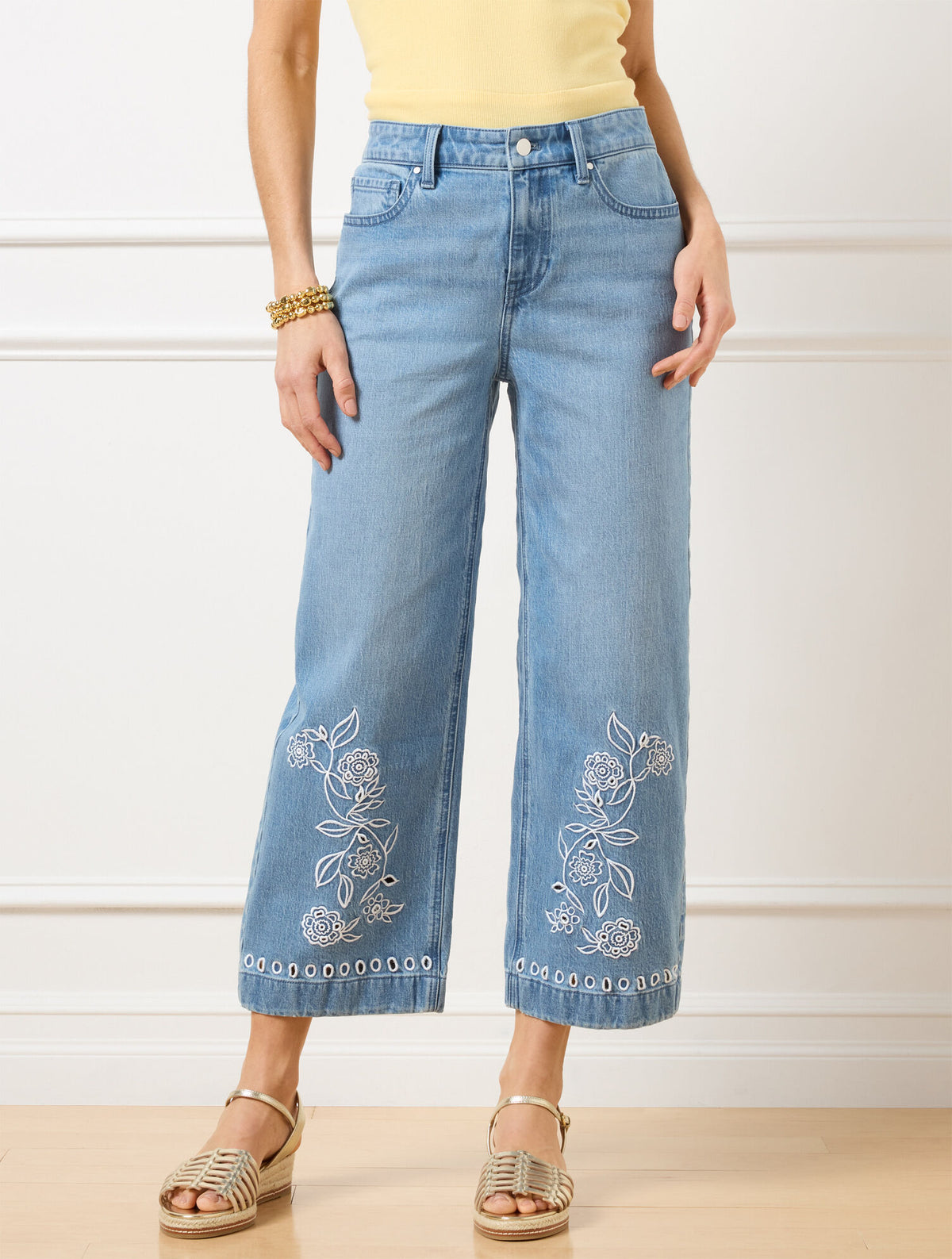 Talbots HIGH WAIST WIDE CROP EMBROIDERED JEANS - LACEY WASH