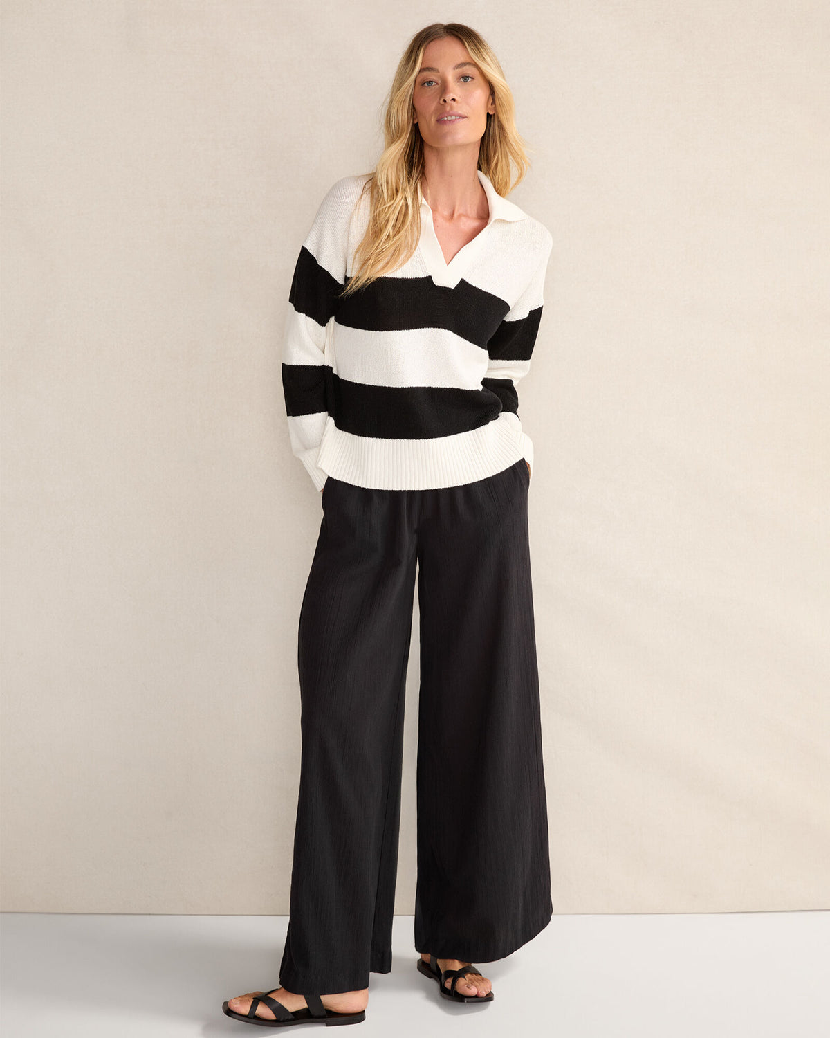 Talbots ORGANIC COTTON LINEN STRIPE JOHNNY COLLAR SWEATER