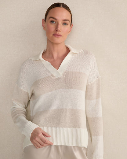Talbots ORGANIC COTTON LINEN STRIPE JOHNNY COLLAR SWEATER