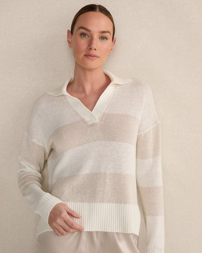 Talbots ORGANIC COTTON LINEN STRIPE JOHNNY COLLAR SWEATER