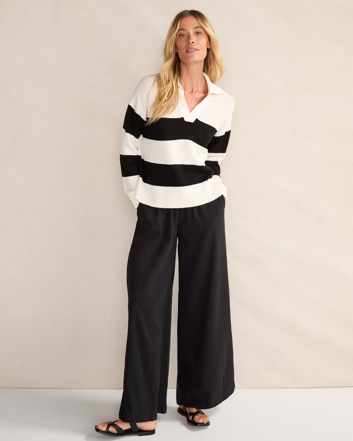 Talbots ORGANIC COTTON LINEN STRIPE JOHNNY COLLAR SWEATER