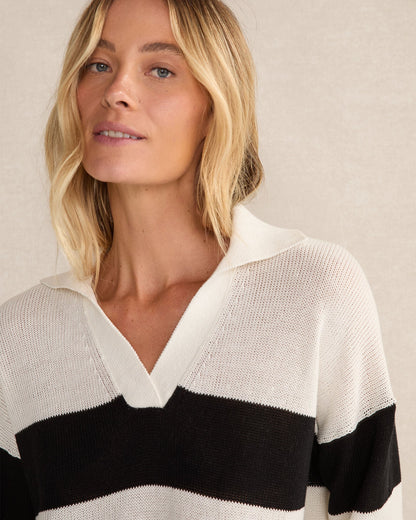 Talbots ORGANIC COTTON LINEN STRIPE JOHNNY COLLAR SWEATER