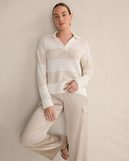Talbots ORGANIC COTTON LINEN STRIPE JOHNNY COLLAR SWEATER
