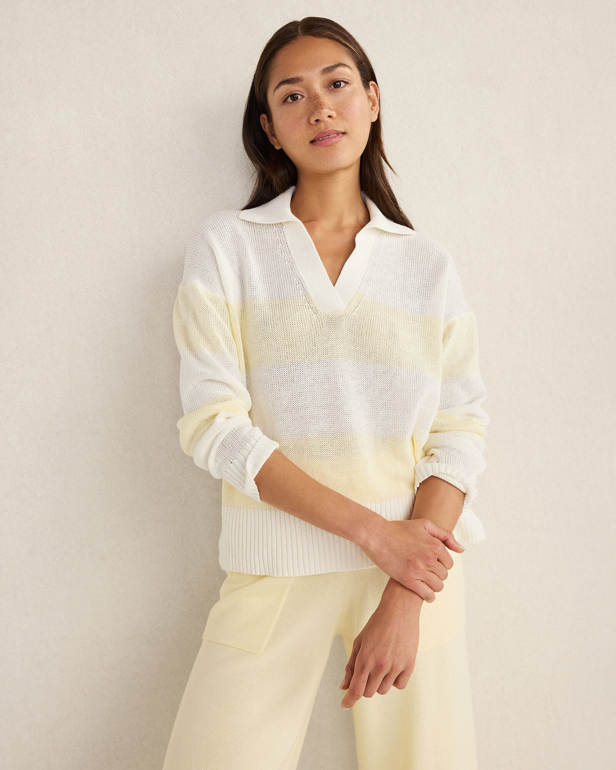 Talbots ORGANIC COTTON LINEN STRIPE JOHNNY COLLAR SWEATER