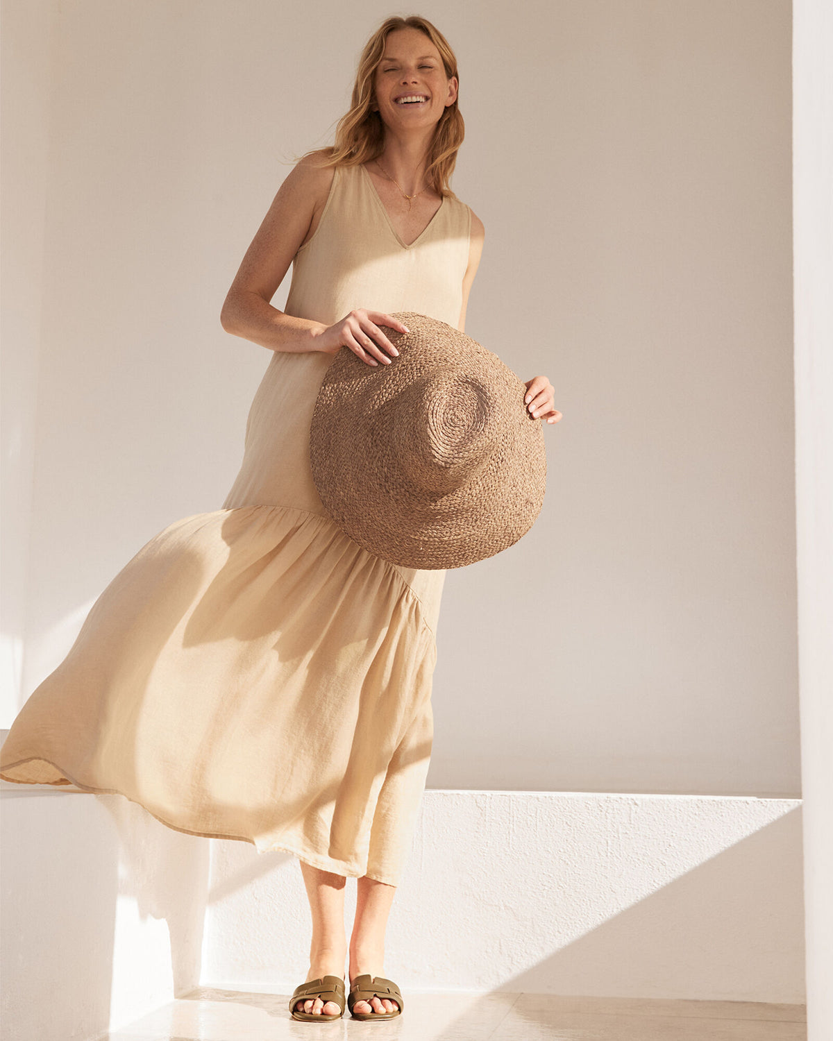 Talbots LINEN V-NECK TIERED MIDI DRESS