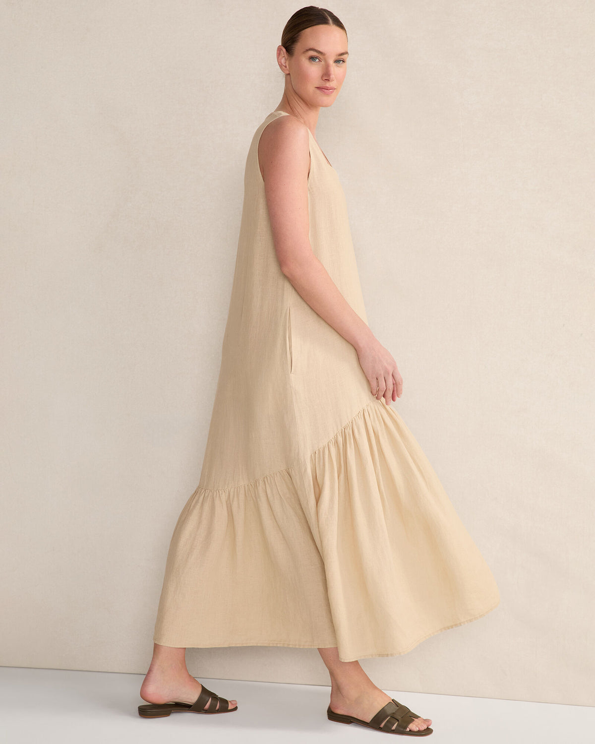 Talbots LINEN V-NECK TIERED MIDI DRESS