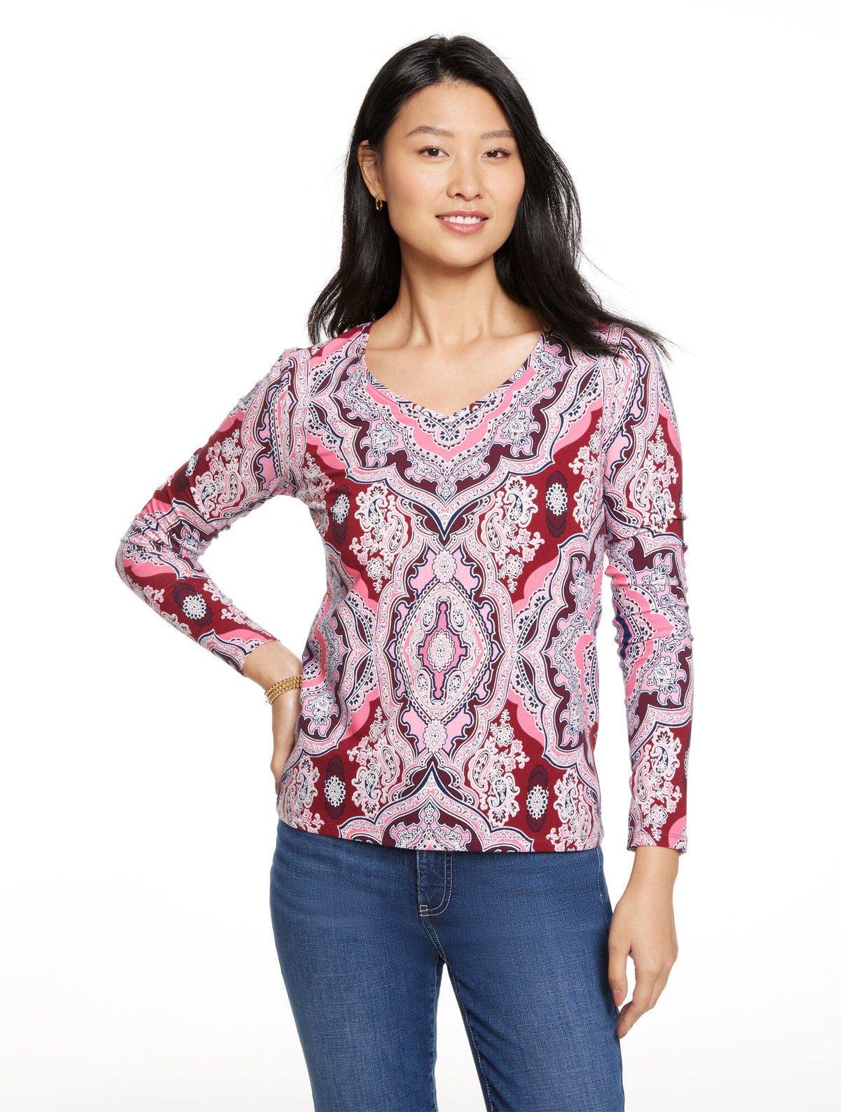 Talbots LONG SLEEVE V-NECK TEE - MERRY MEDALLIONS