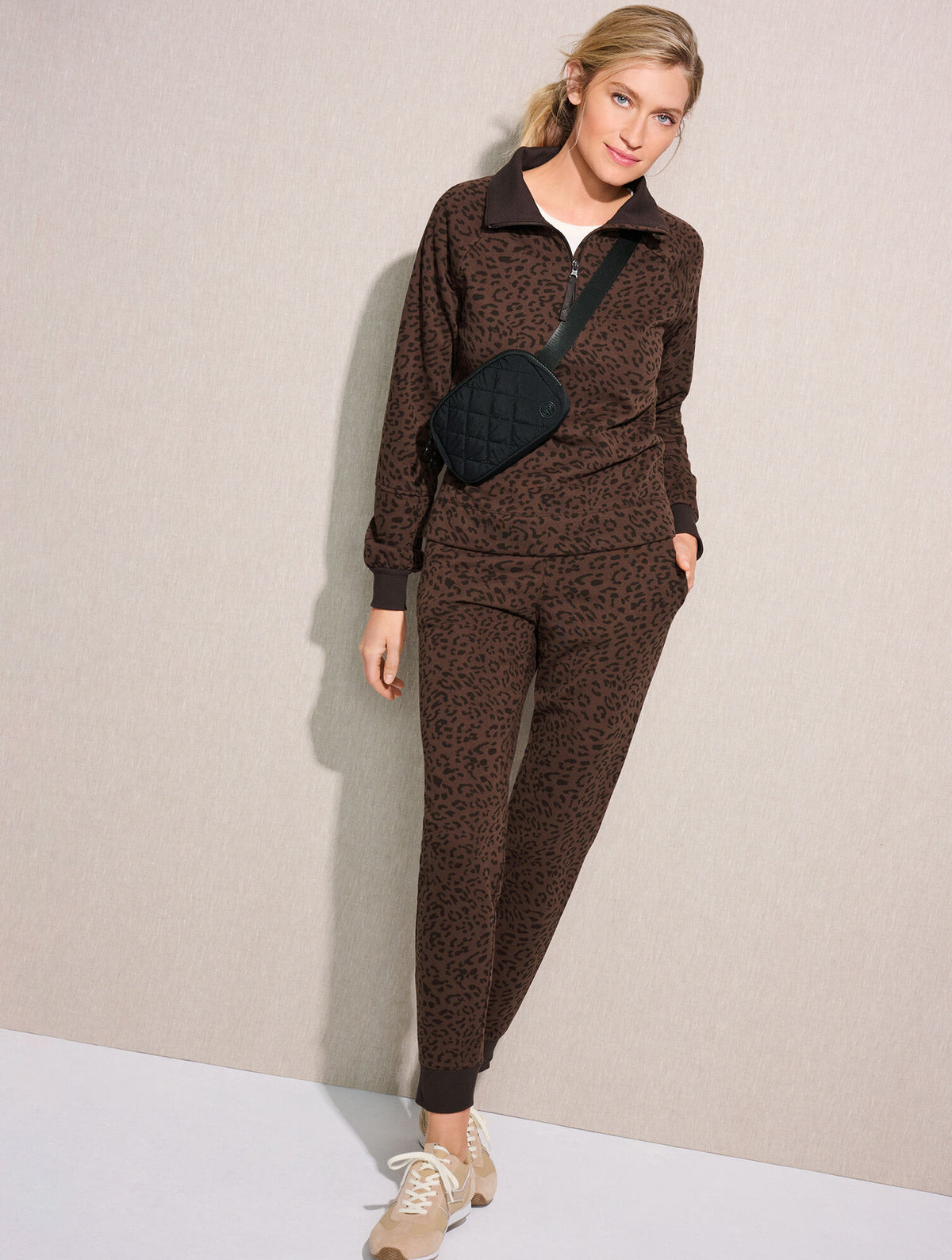 Talbots COZY FRENCH TERRY HALF-ZIP PULLOVER - TONAL CHEETAH