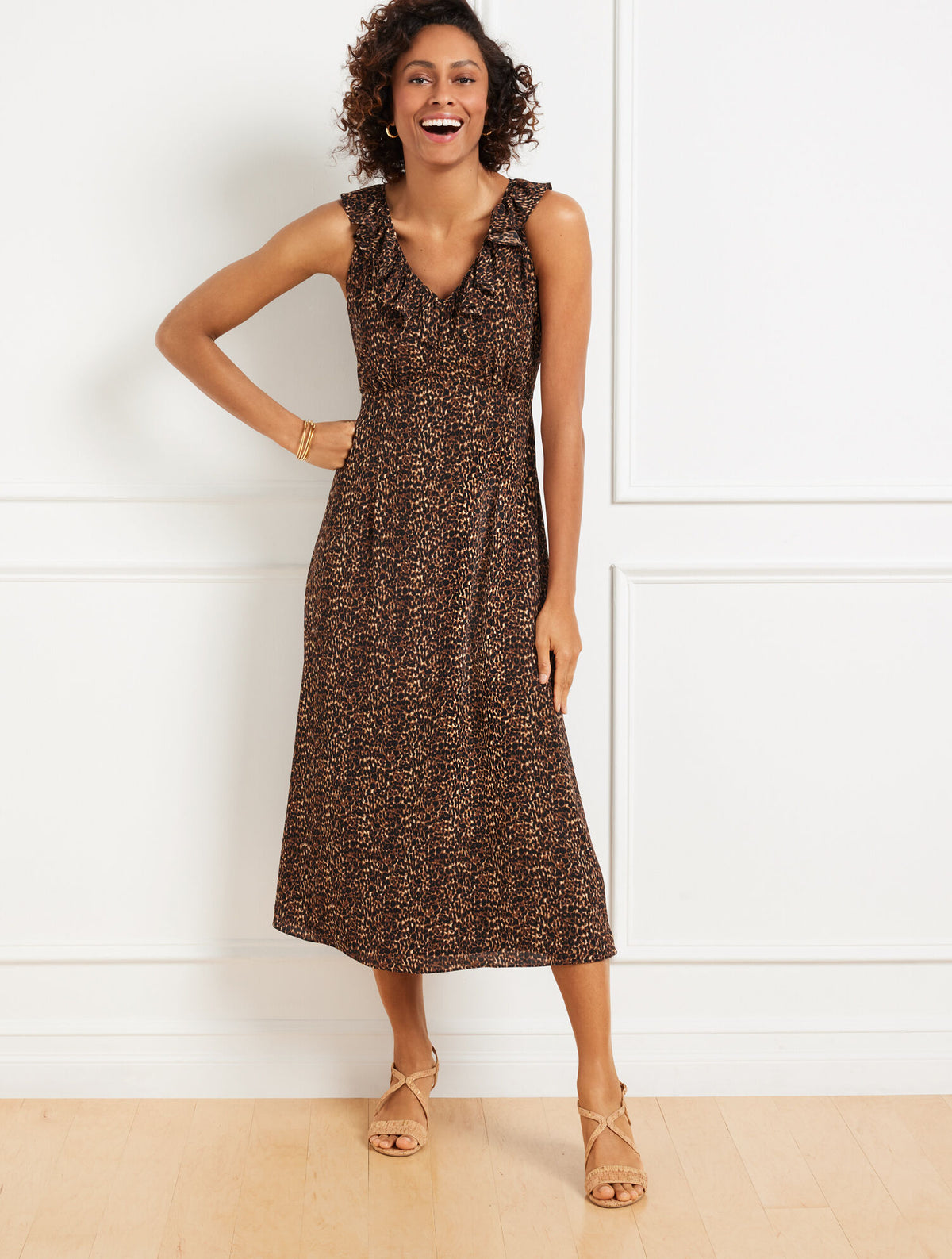 Talbots FIT & FLARE RUFFLE MIDI DRESS - DELICATE LEOPARD