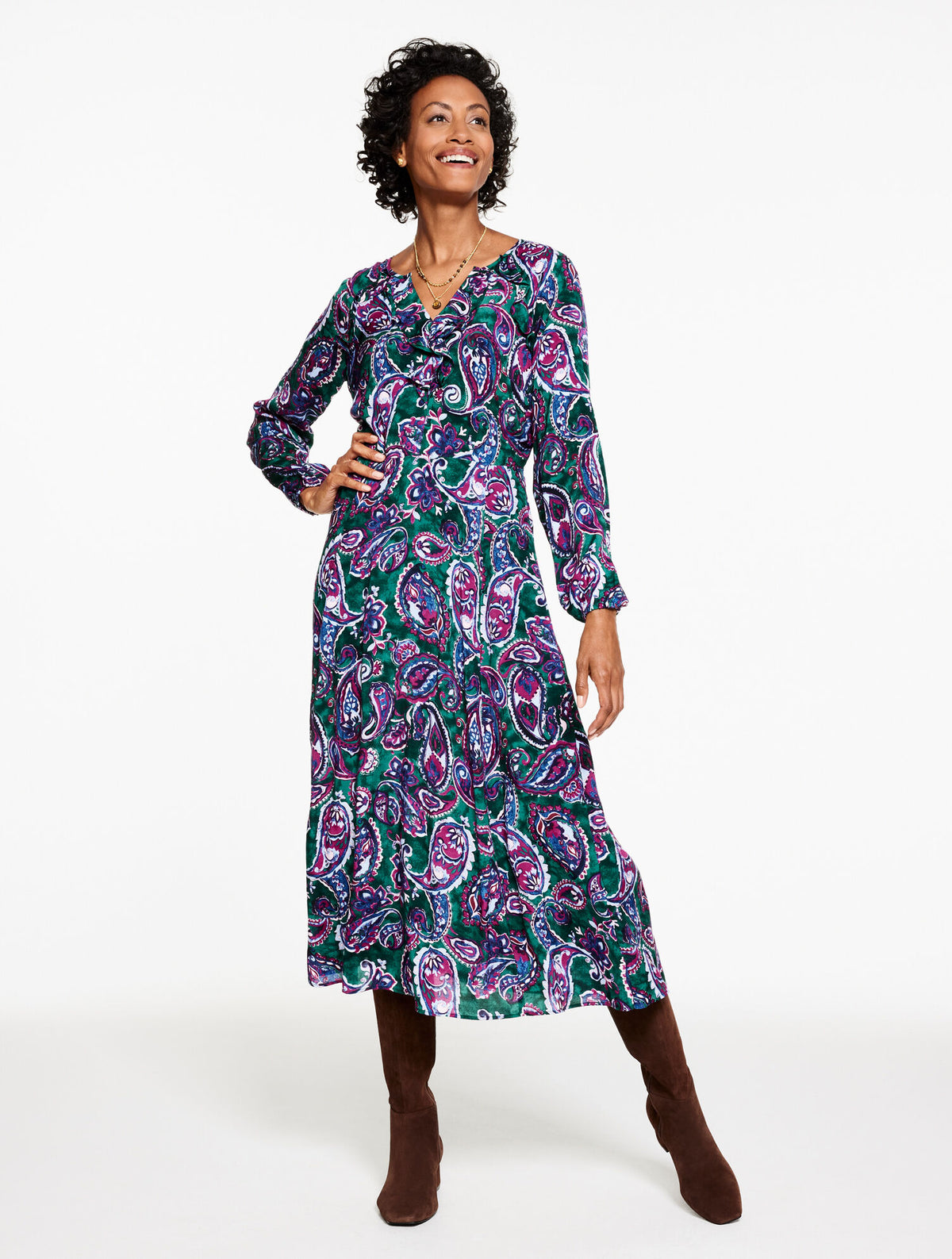 Talbots FIT & FLARE RUFFLE DRESS - PICCADILLY PAISLEY