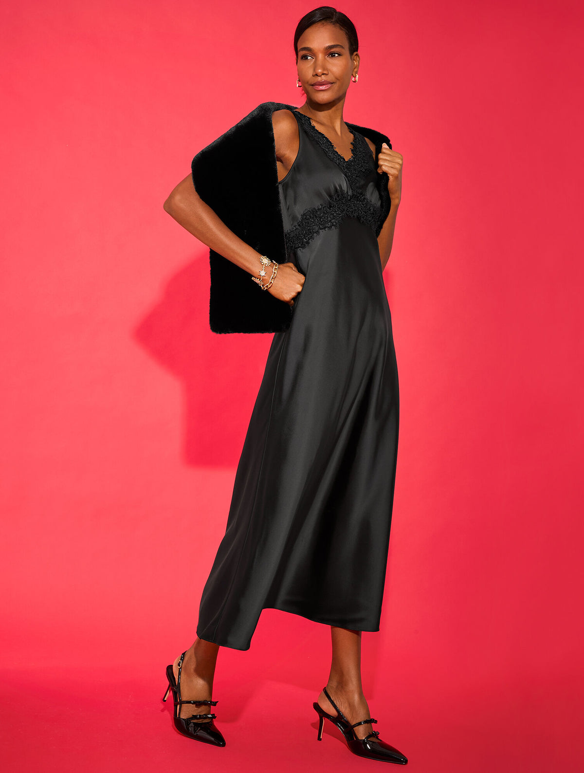 Talbots LACE TRIM SATIN MIDI DRESS