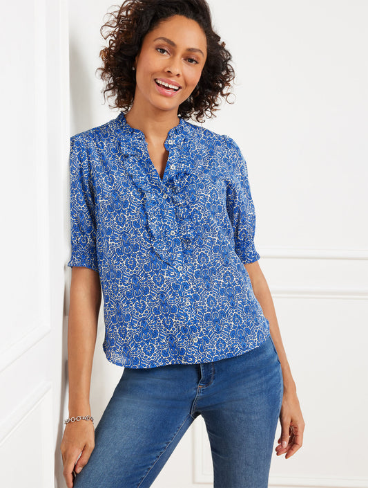 Talbots RUFFLE BUTTON FRONT TOP - WOODLAND DAMASK
