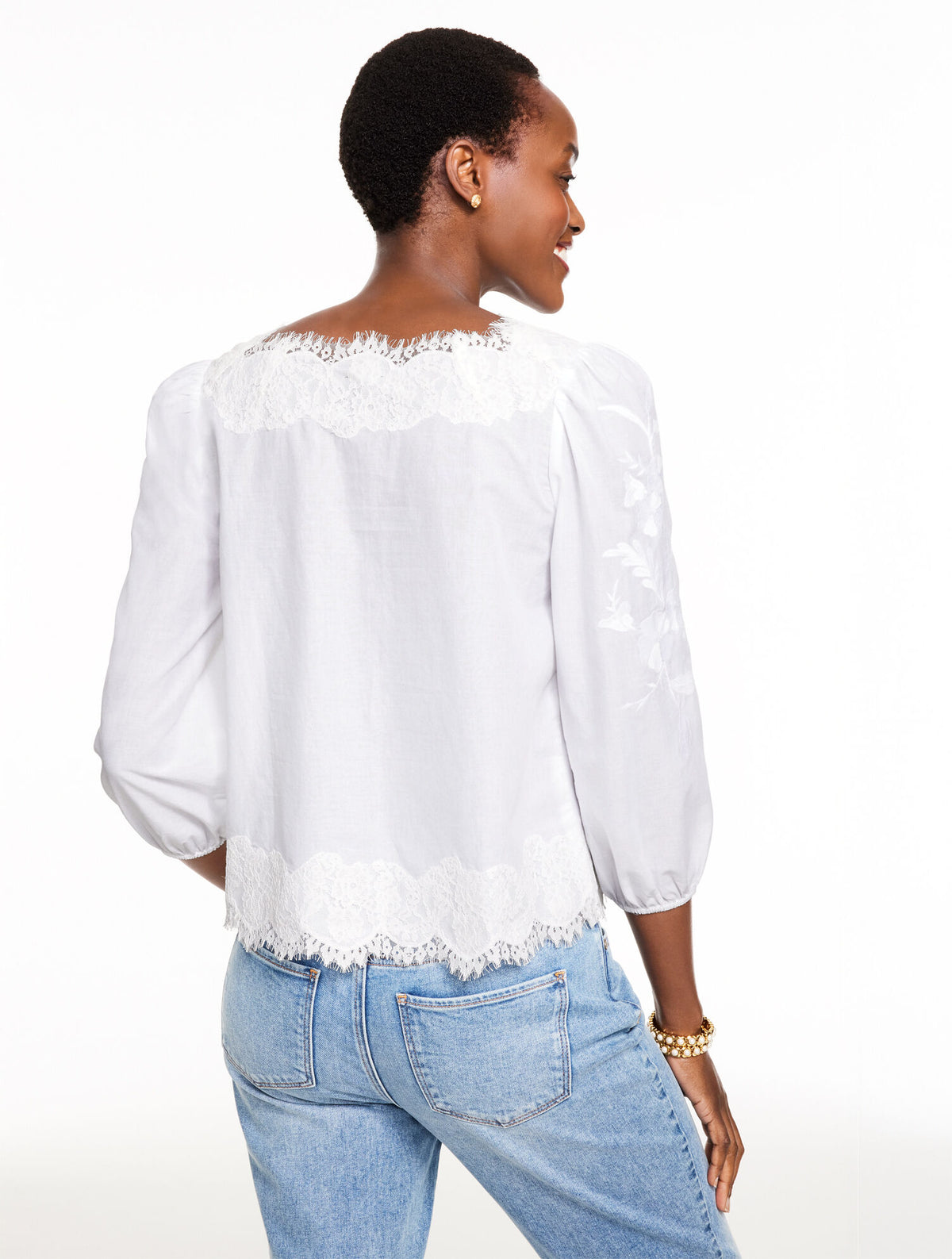 Talbots EMBROIDERED LACE TRIM VOILE TOP