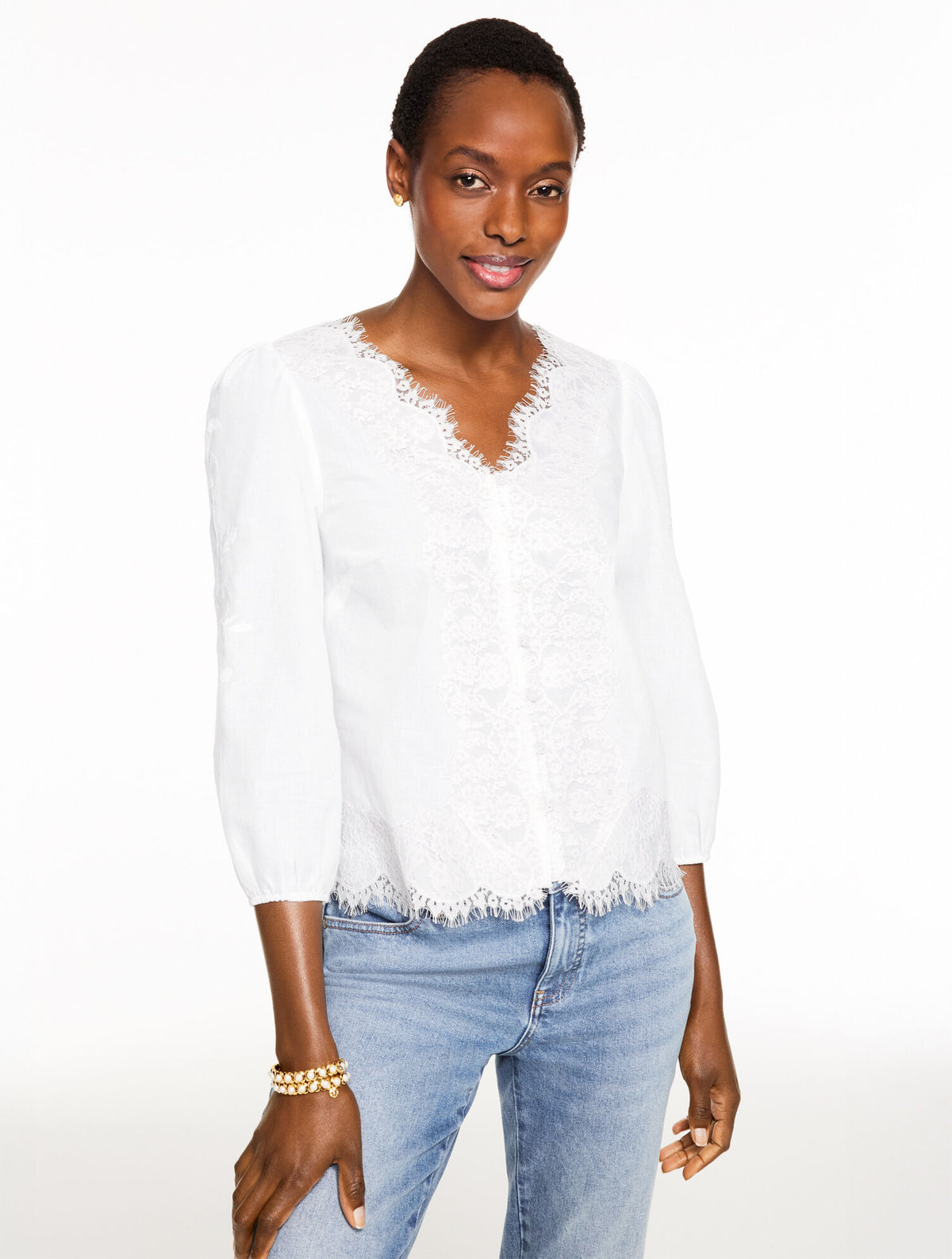 Talbots EMBROIDERED LACE TRIM VOILE TOP