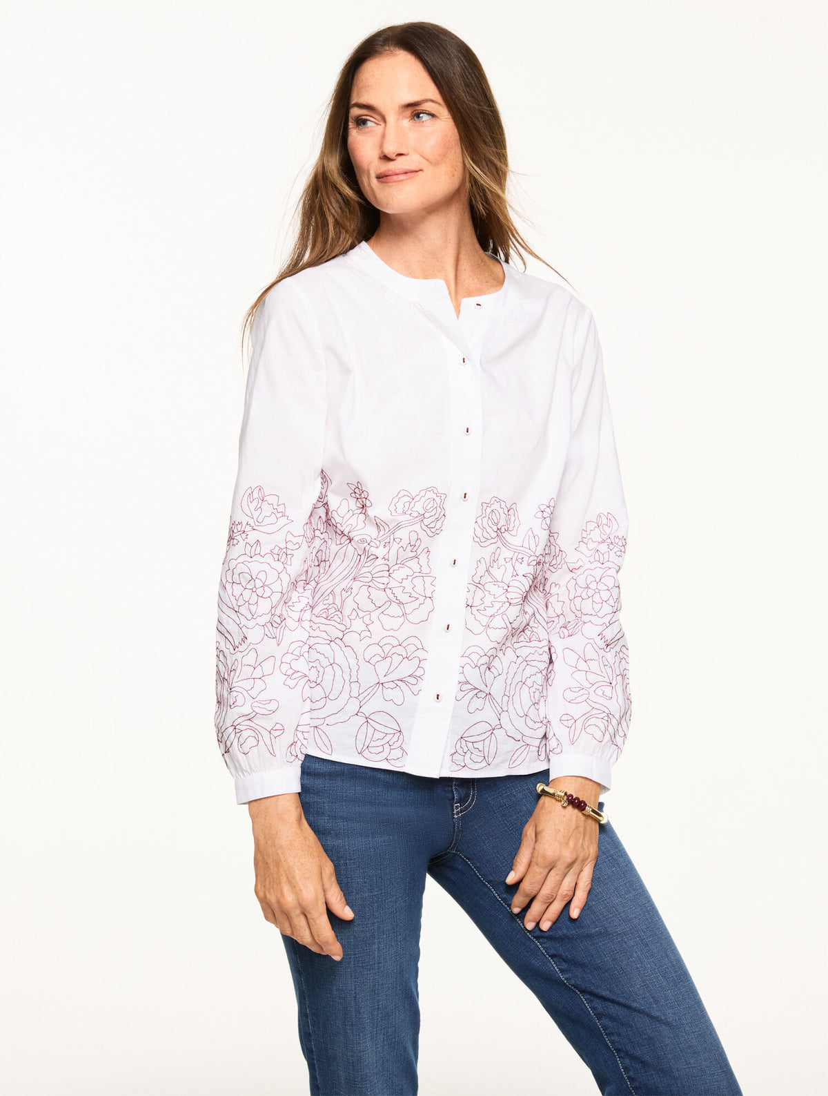 Talbots CONTRAST EMBROIDERED POPLIN TOP