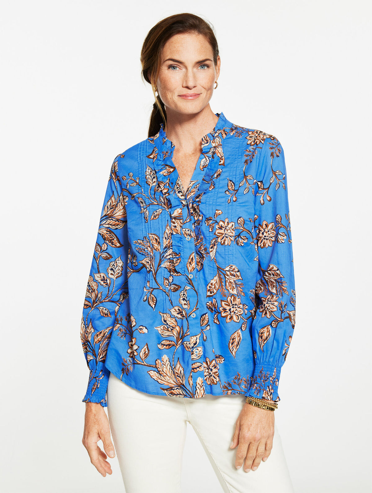 Talbots SMOCKED CUFF RUFFLE TOP - FLORAL SYMPHONY