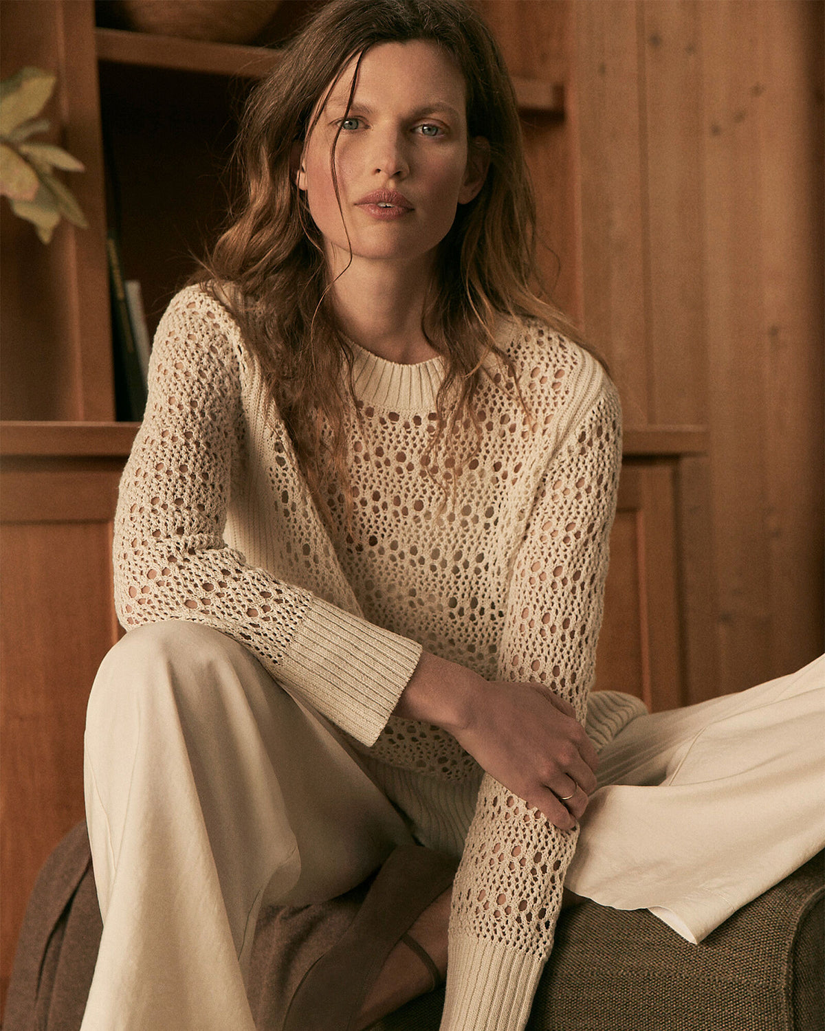 Talbots ORGANIC COTTON LINEN OPEN STITCH CREWNECK SWEATER