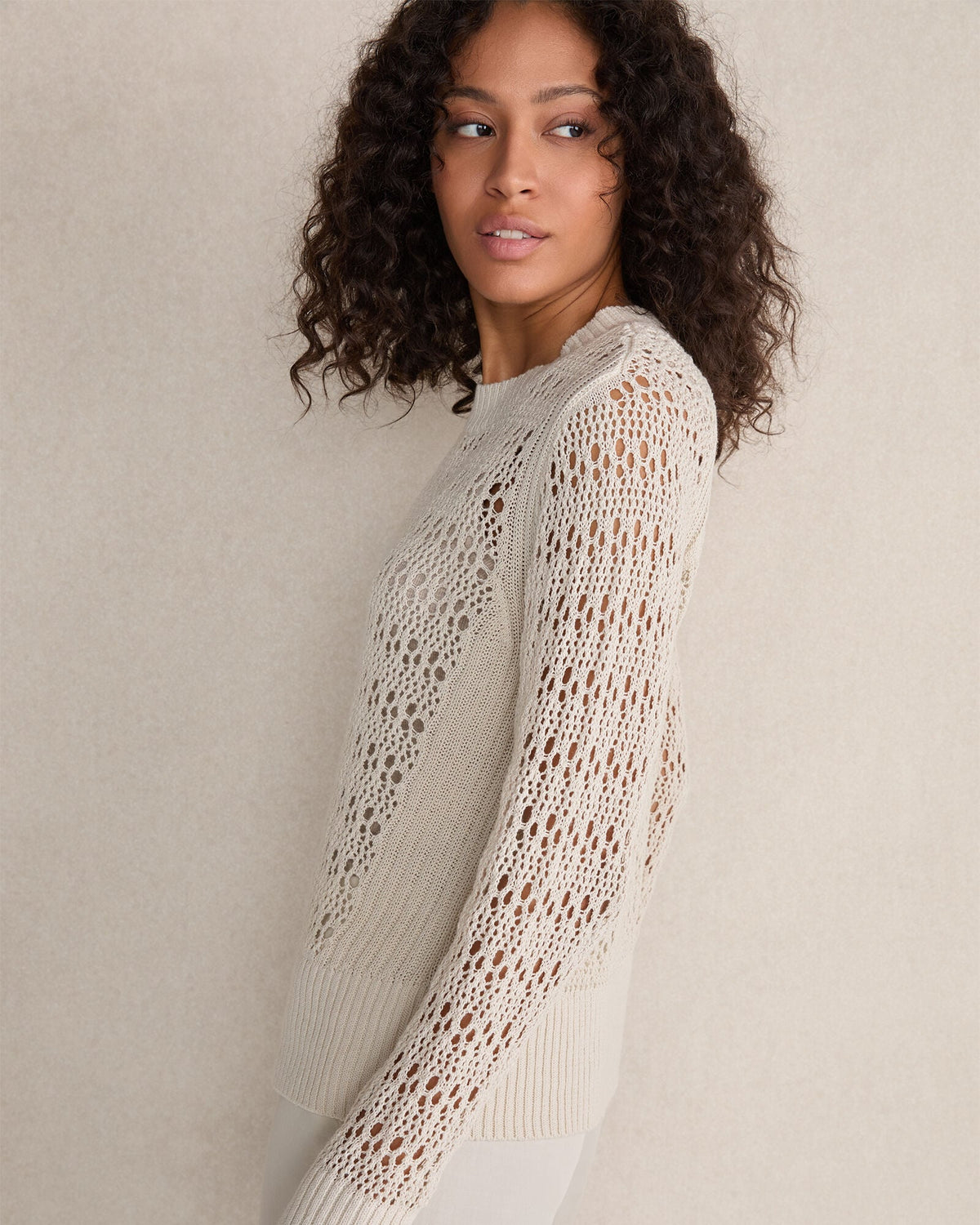 Talbots ORGANIC COTTON LINEN OPEN STITCH CREWNECK SWEATER