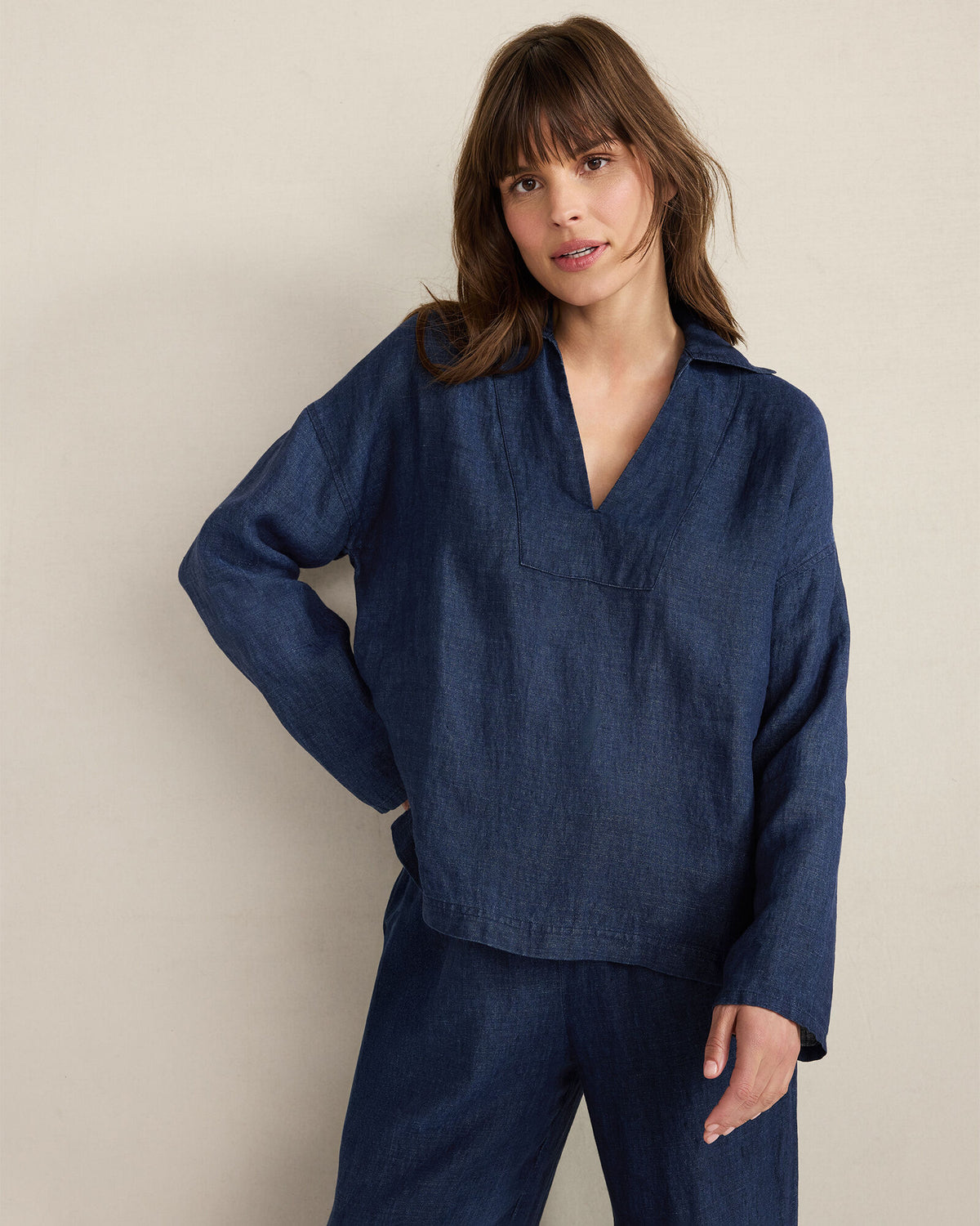 Talbots LINEN COLLARED LONG SLEEVE TOP