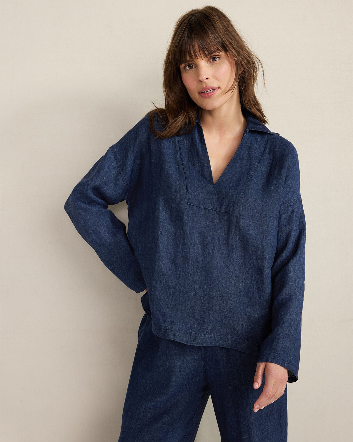 Talbots LINEN COLLARED LONG SLEEVE TOP