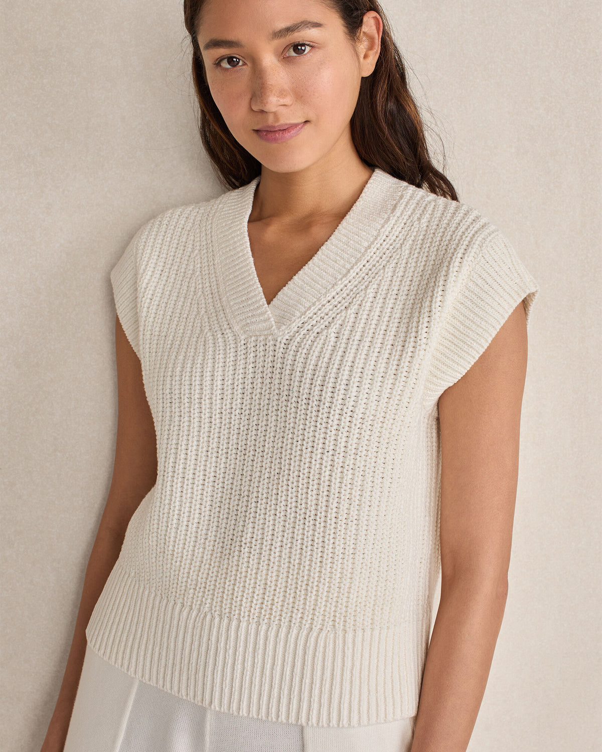 Talbots ORGANIC COTTON LINEN SHAKER STITCH V-NECK SWEATER