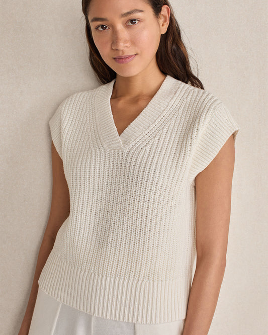 Talbots ORGANIC COTTON LINEN SHAKER STITCH V-NECK SWEATER