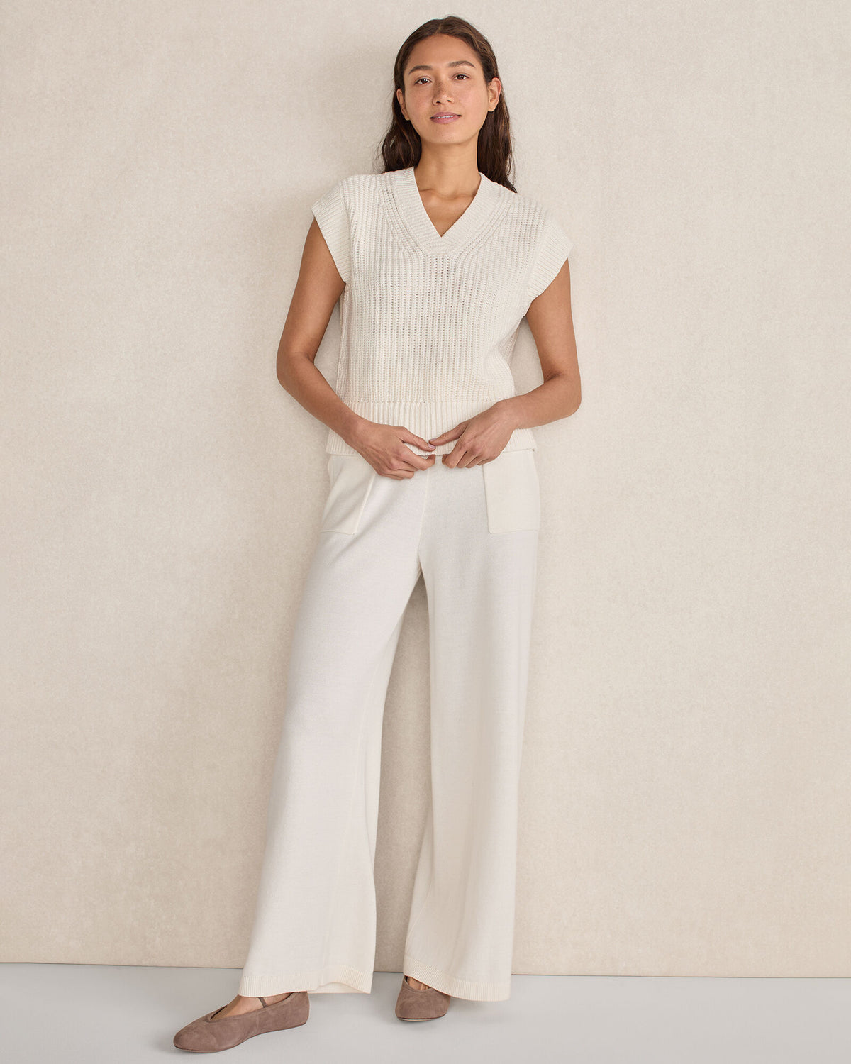 Talbots ORGANIC COTTON LINEN SHAKER STITCH V-NECK SWEATER