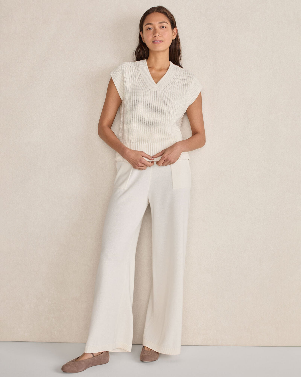 Talbots ORGANIC COTTON LINEN SHAKER STITCH V-NECK SWEATER