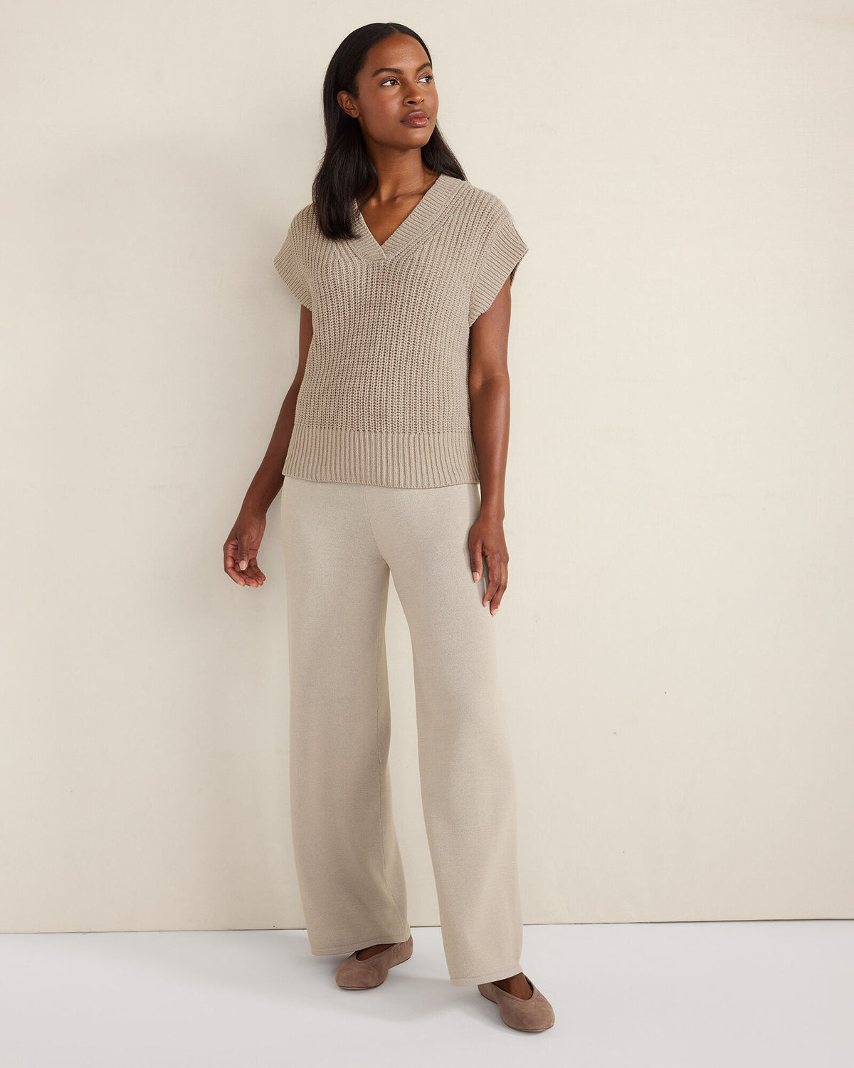 Talbots ORGANIC COTTON LINEN SHAKER STITCH V-NECK SWEATER