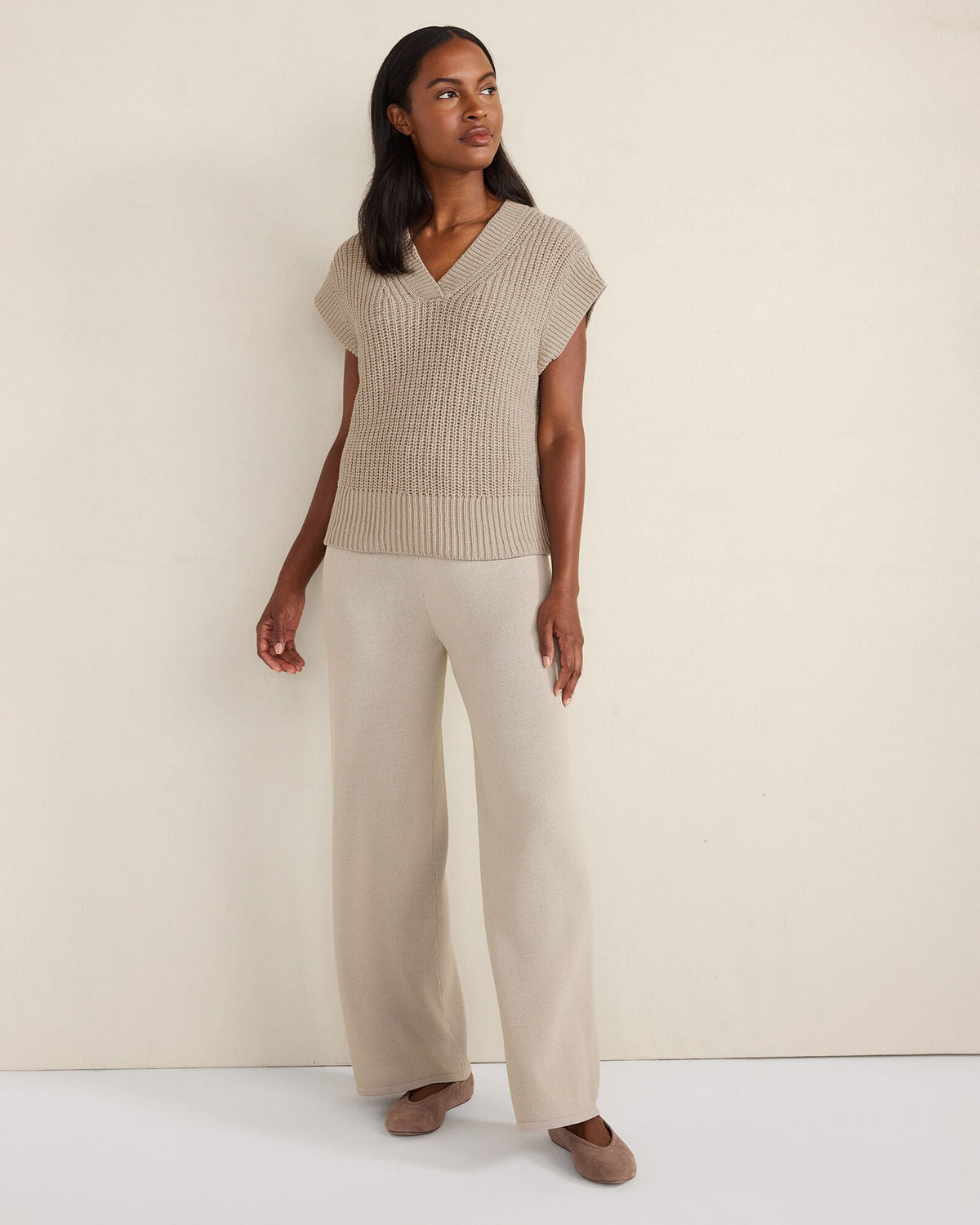 Talbots ORGANIC COTTON LINEN SHAKER STITCH V-NECK SWEATER