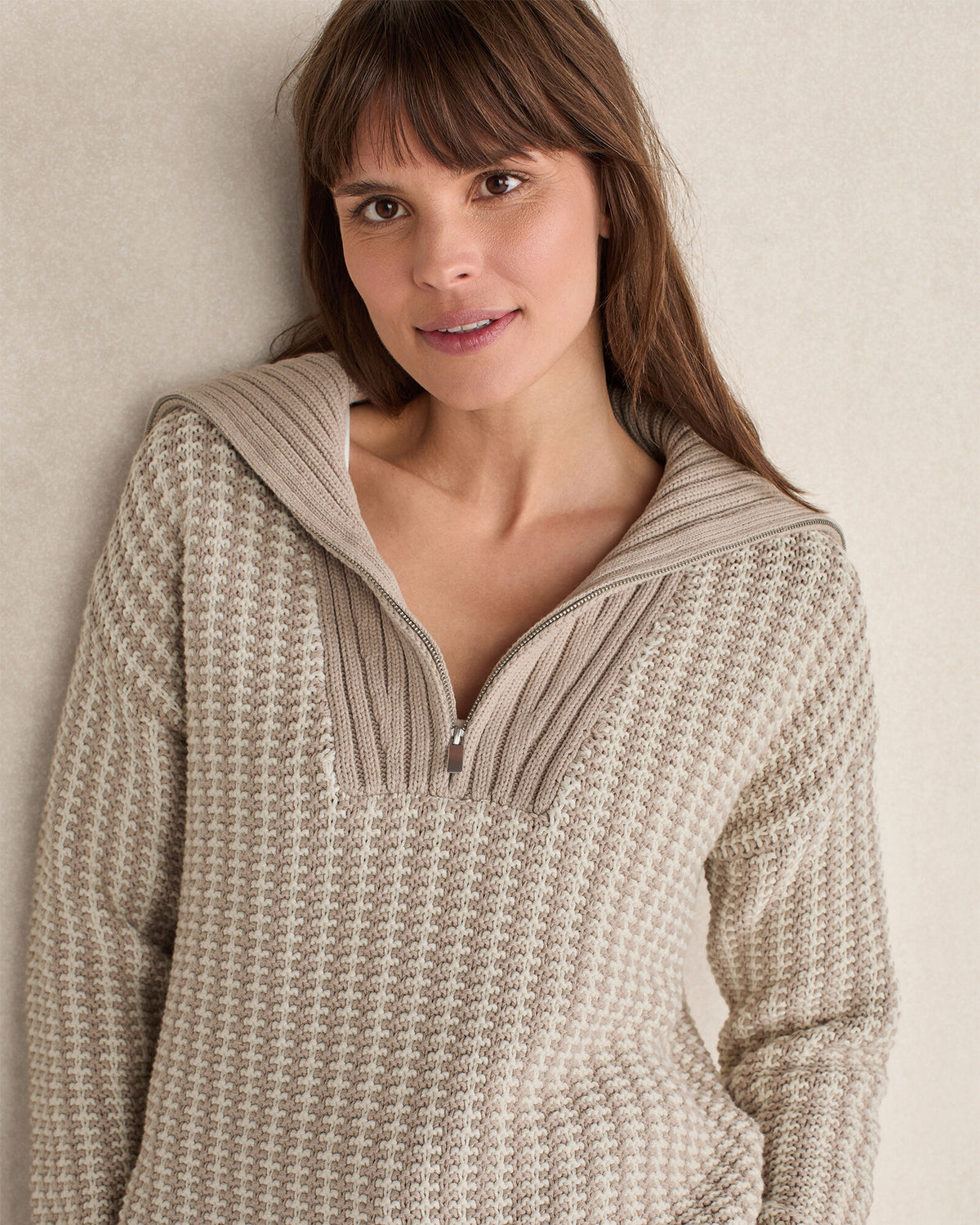 Talbots COTTON BLEND CONTRAST STITCH HALF ZIP SWEATER