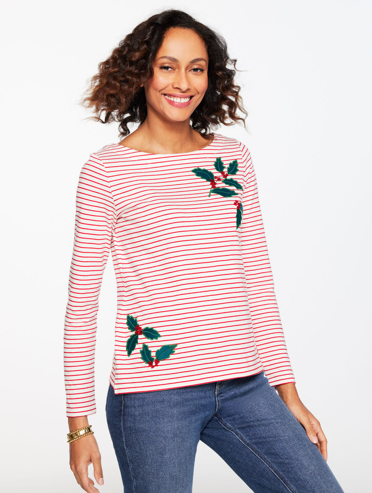Talbots EMBROIDERED BATEAU NECK TEE - HOLLY BERRY STRIPE