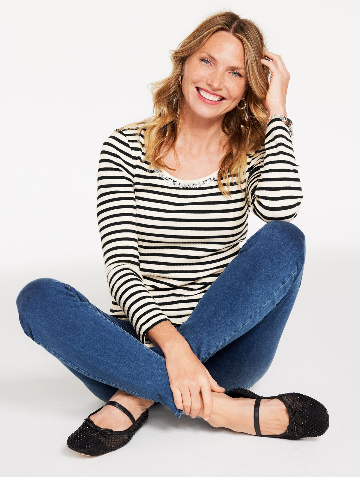 Talbots EMBELLISHED RIBBED SCOOP NECK TEE - ASPEN STRIPE