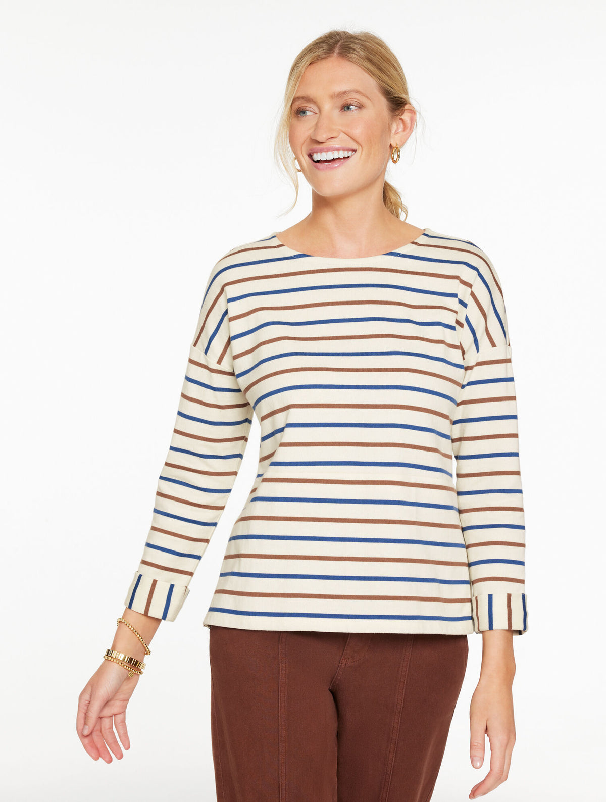 Talbots DROP SHOULDER CREWNECK TEE - GREENFIELD STRIPE - NAVY DUSK