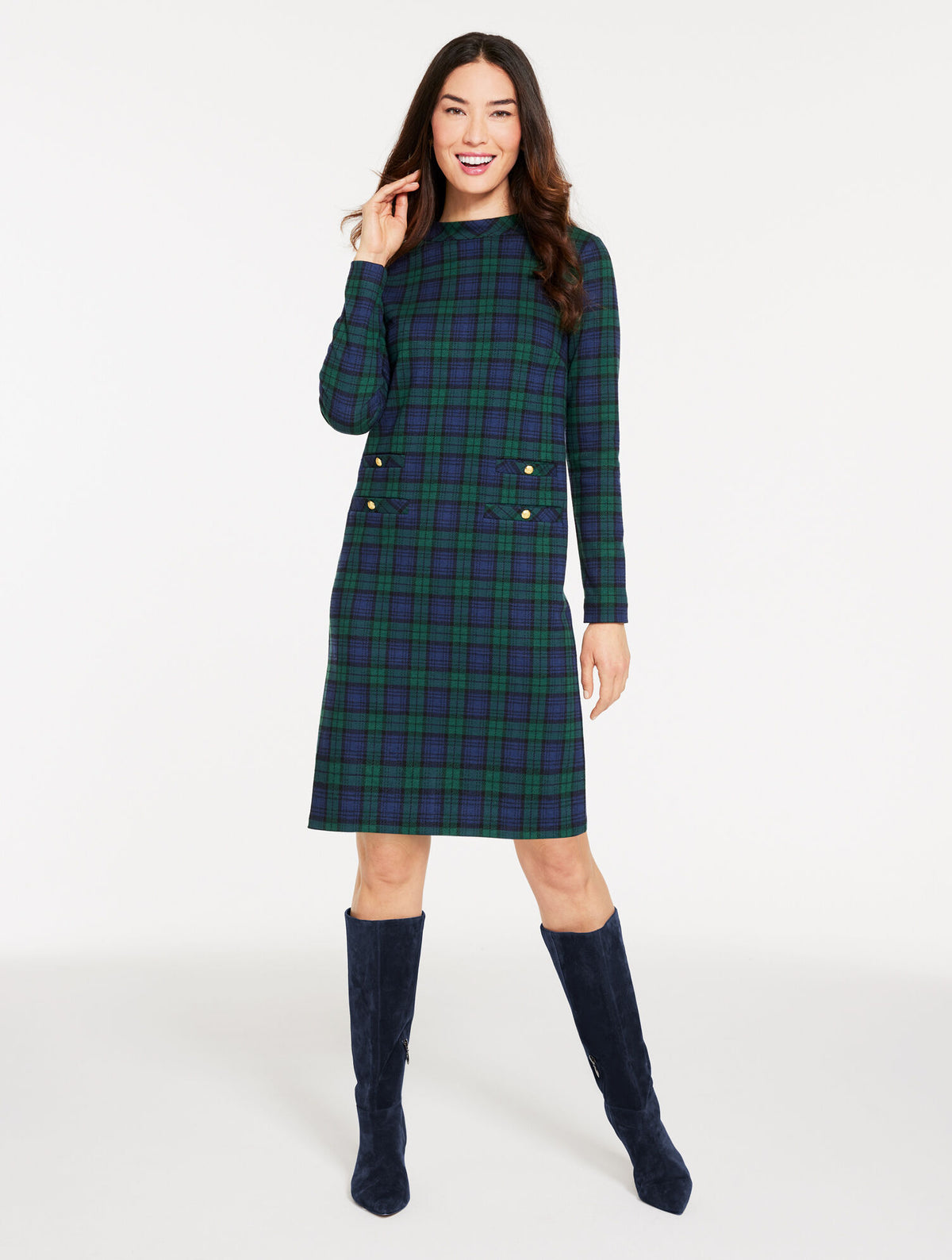Talbots MOCKNECK SHIFT DRESS - BEDFORD BLACK WATCH