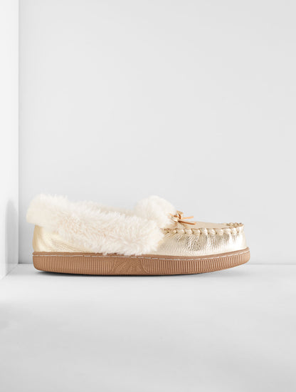 Talbots CLEO METALLIC PEBBLE LEATHER FAUX FUR MOCCASINS