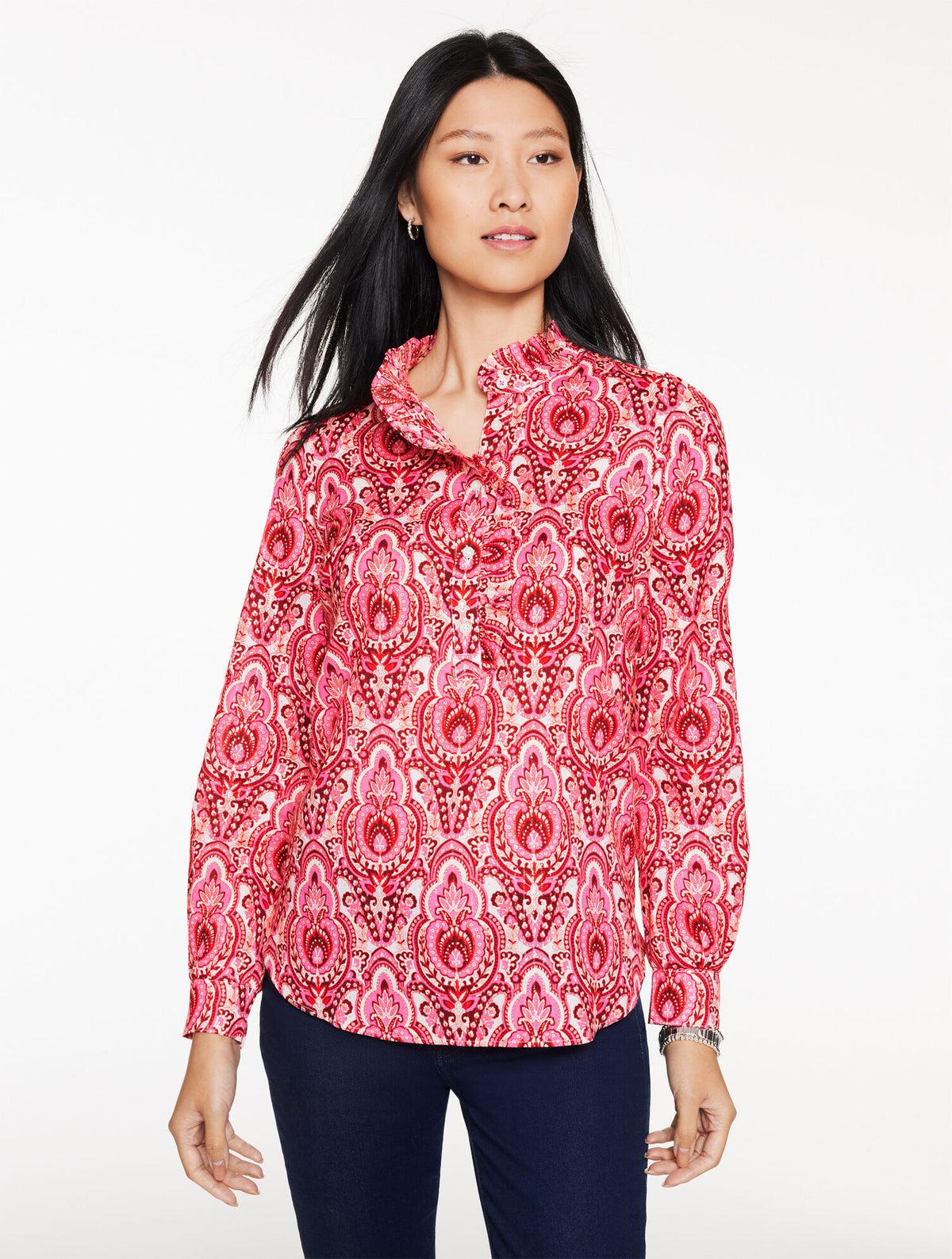 Talbots METALLIC RUFFLE POPOVER - JOYFUL DAMASK