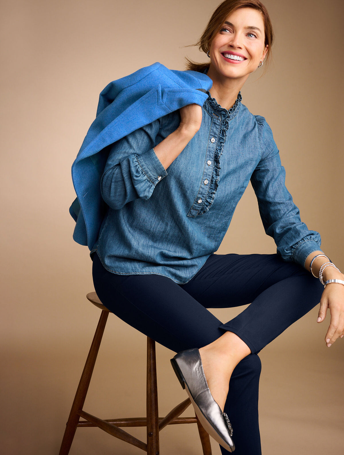 Talbots RUFFLE NECK DENIM POPOVER