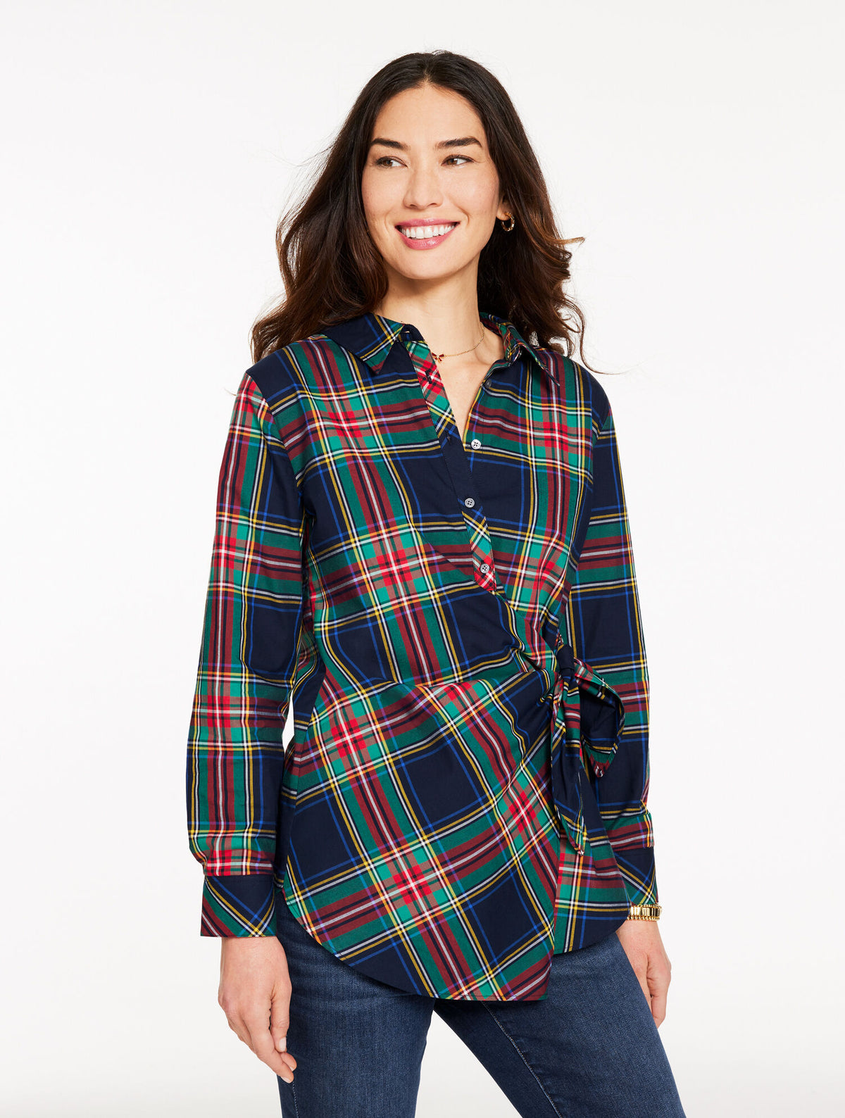 Talbots TIE FRONT POPLIN SHIRT - JOLLY TARTAN