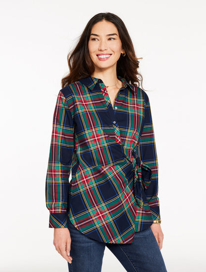 Talbots TIE FRONT POPLIN SHIRT - JOLLY TARTAN