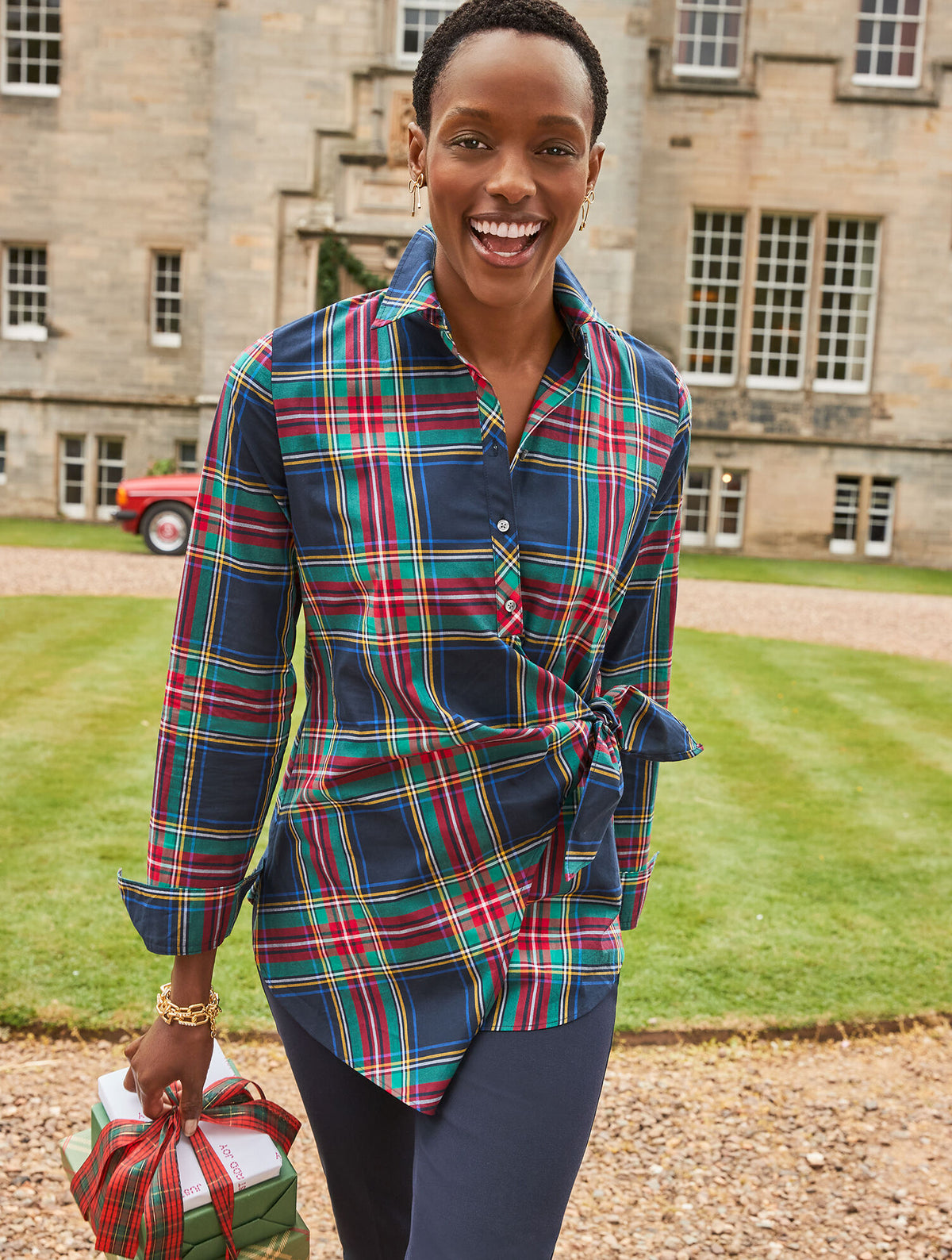 Talbots TIE FRONT POPLIN SHIRT - JOLLY TARTAN