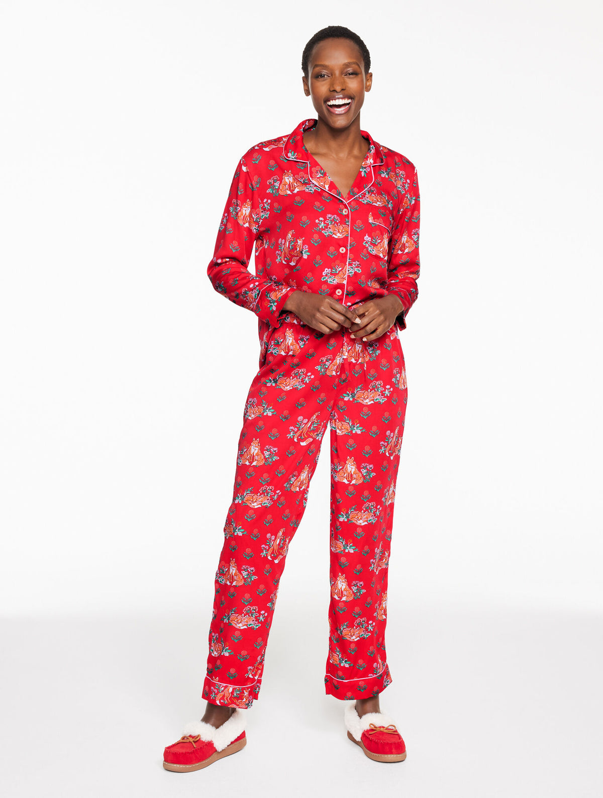 Talbots PRINTFRESH SATIN LONG PAJAMA SET - FOX FRIENDS