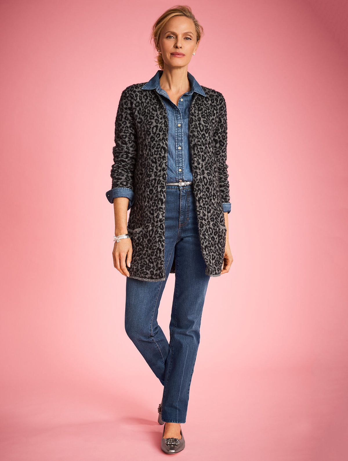 Talbots SNOW LEOPARD JACQUARD CARDIGAN