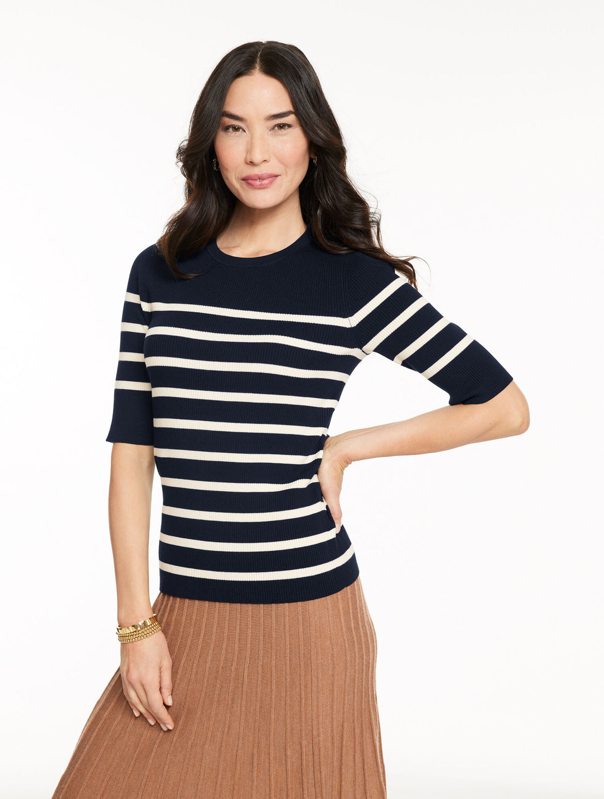 Talbots ELBOW SLEEVE RIBBED CREWNECK SWEATER - STRIPE