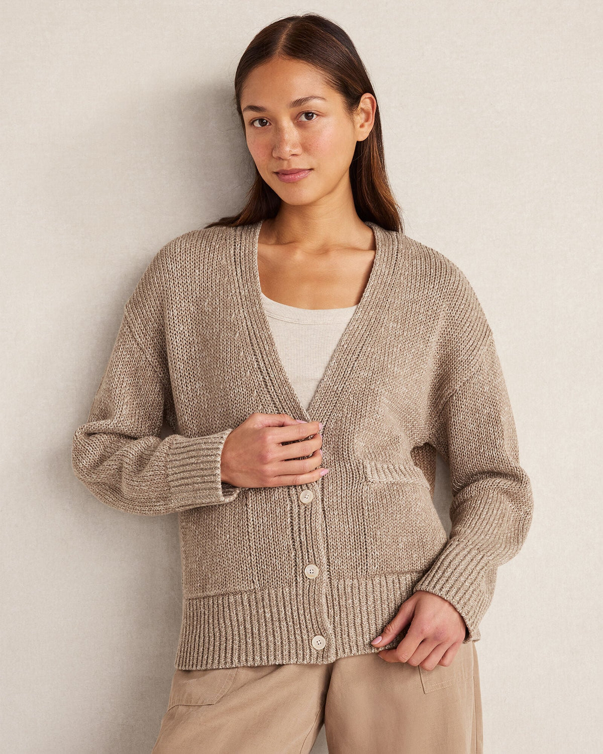 Talbots ORGANIC COTTON LINEN PLAITED V-NECK CARDIGAN